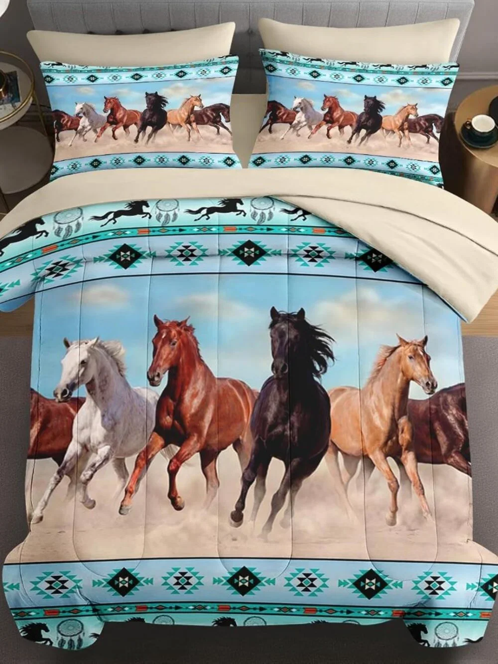 King Comforter Set with Sheets, 7 Pieces Horses Western Bedding | Bed in A Bag f
